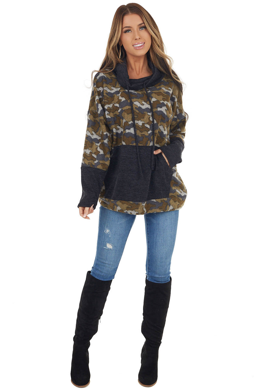 Olive Camo Print Pullover with Cowl Neck and Kangaroo Pouch