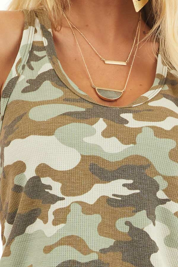 Olive Camo Waffle Knit Tank Top with Racerback detail