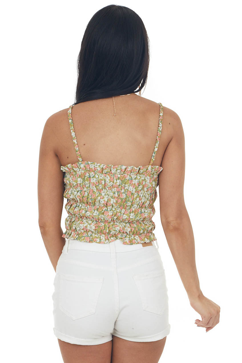 Olive Floral Print Smocked Cropped Tank Top