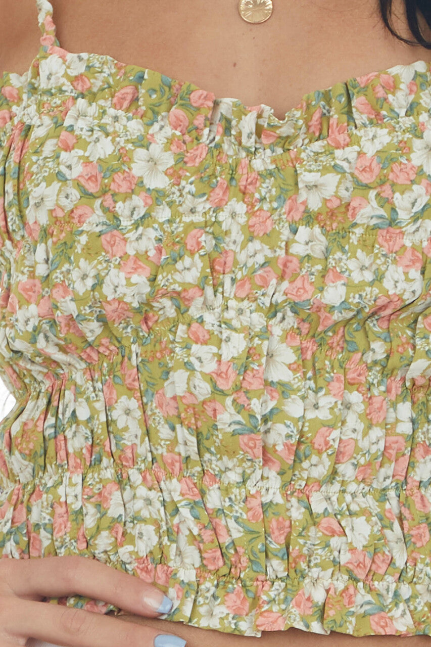 Olive Floral Print Smocked Cropped Tank Top