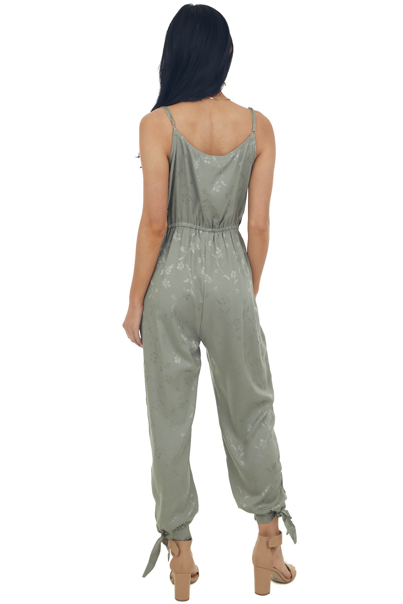 Olive Floral Textured Silky Surplice Jumpsuit