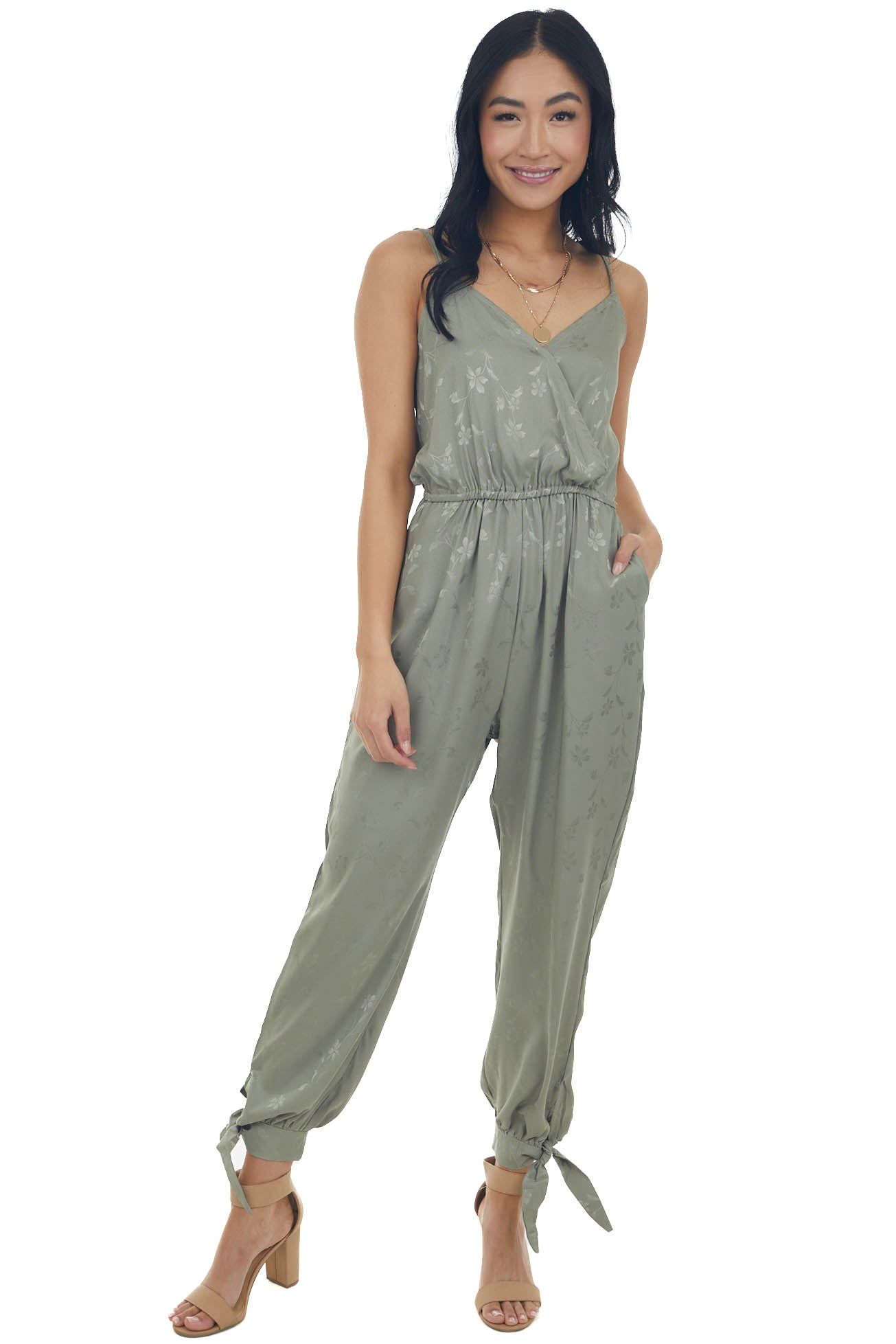 Olive Floral Textured Silky Surplice Jumpsuit