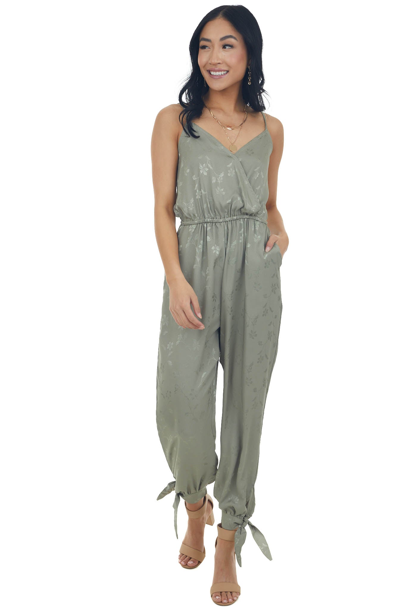 Olive Floral Textured Silky Surplice Jumpsuit