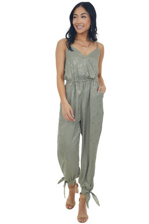 Olive Floral Textured Silky Surplice Jumpsuit