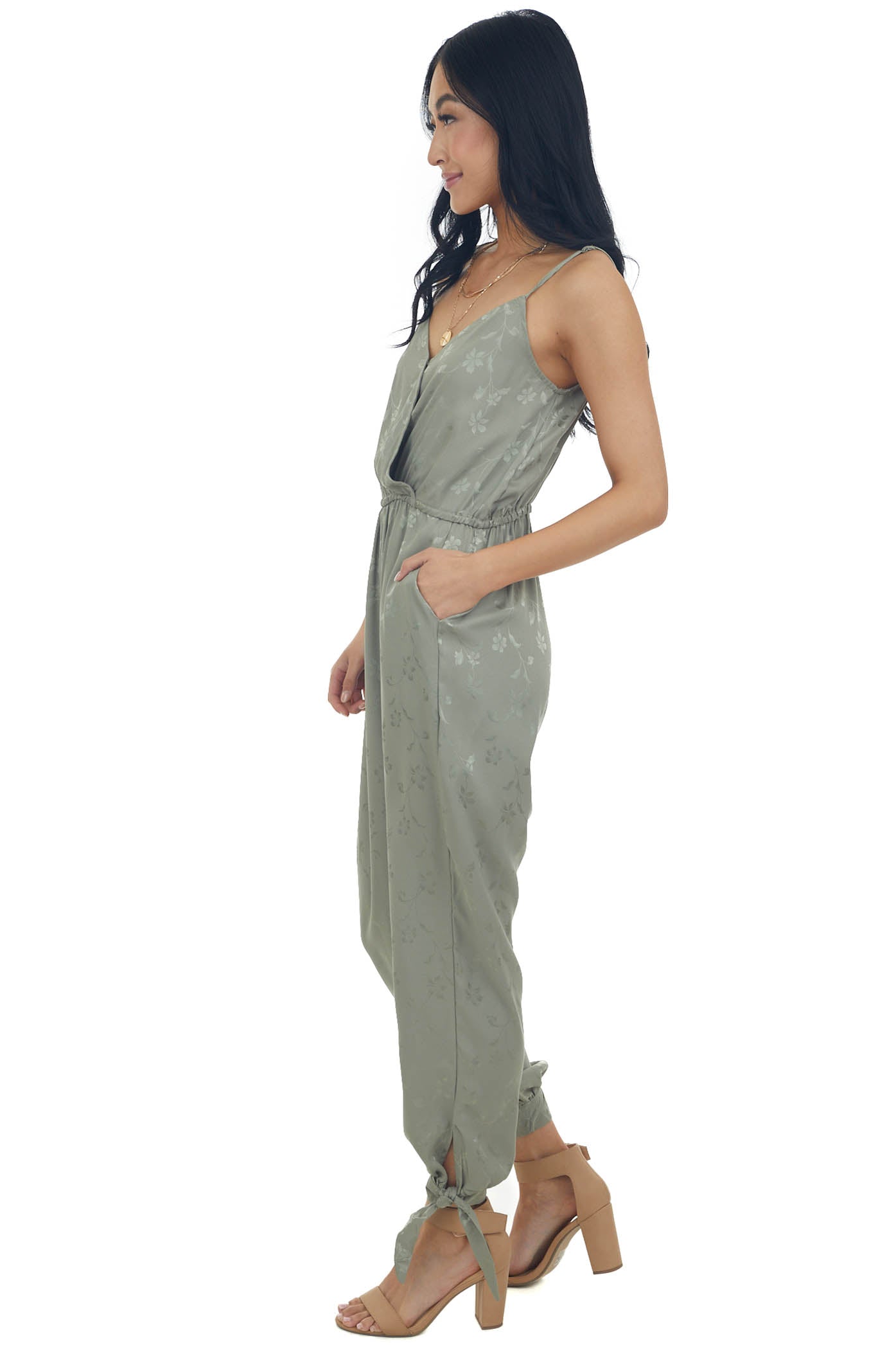 Olive Floral Textured Silky Surplice Jumpsuit
