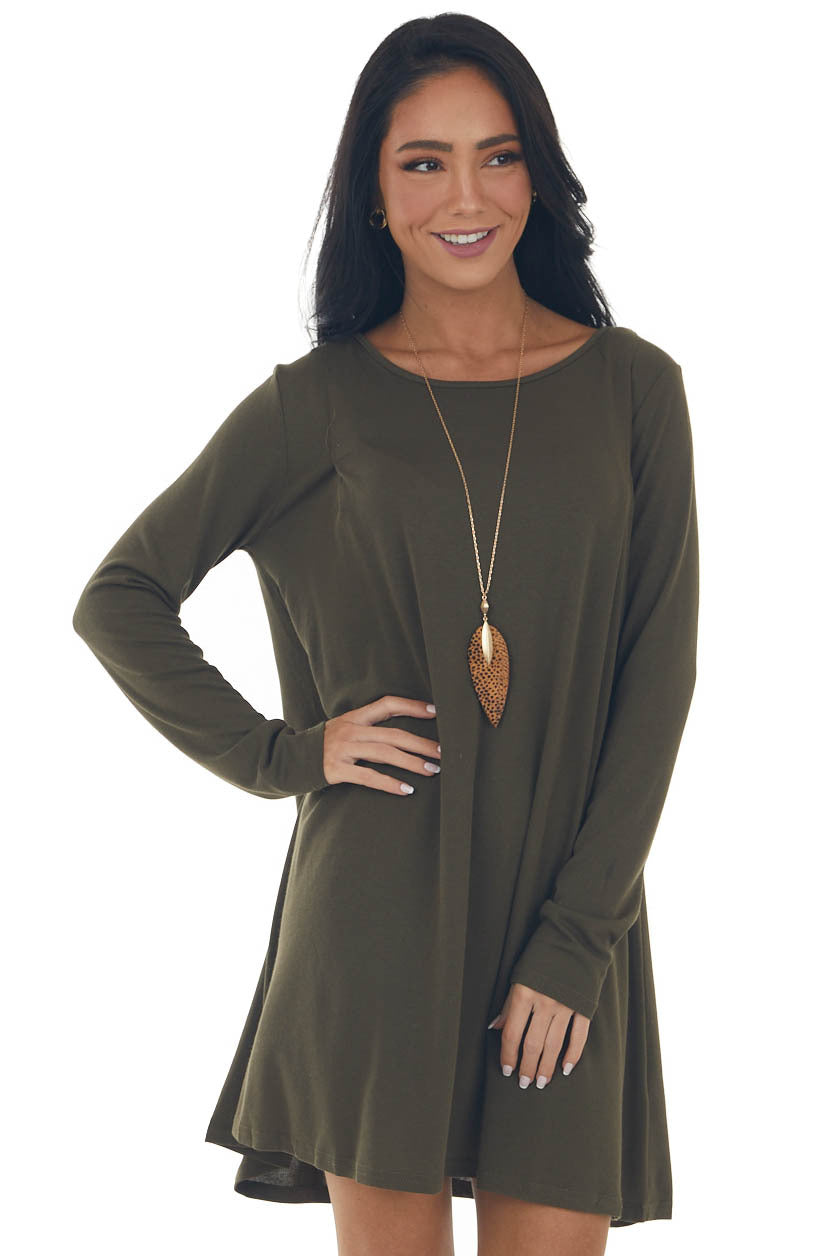 Olive Knit Long Sleeve Swing Dress