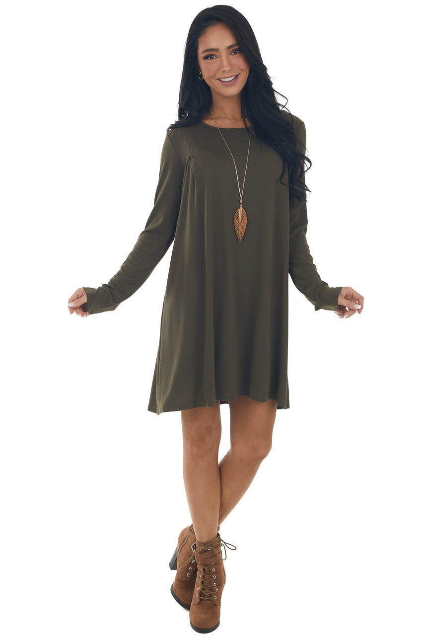 Olive Knit Long Sleeve Swing Dress