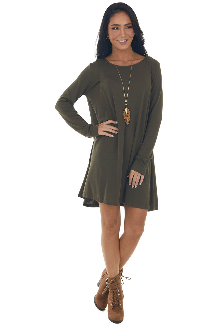 Olive Knit Long Sleeve Swing Dress