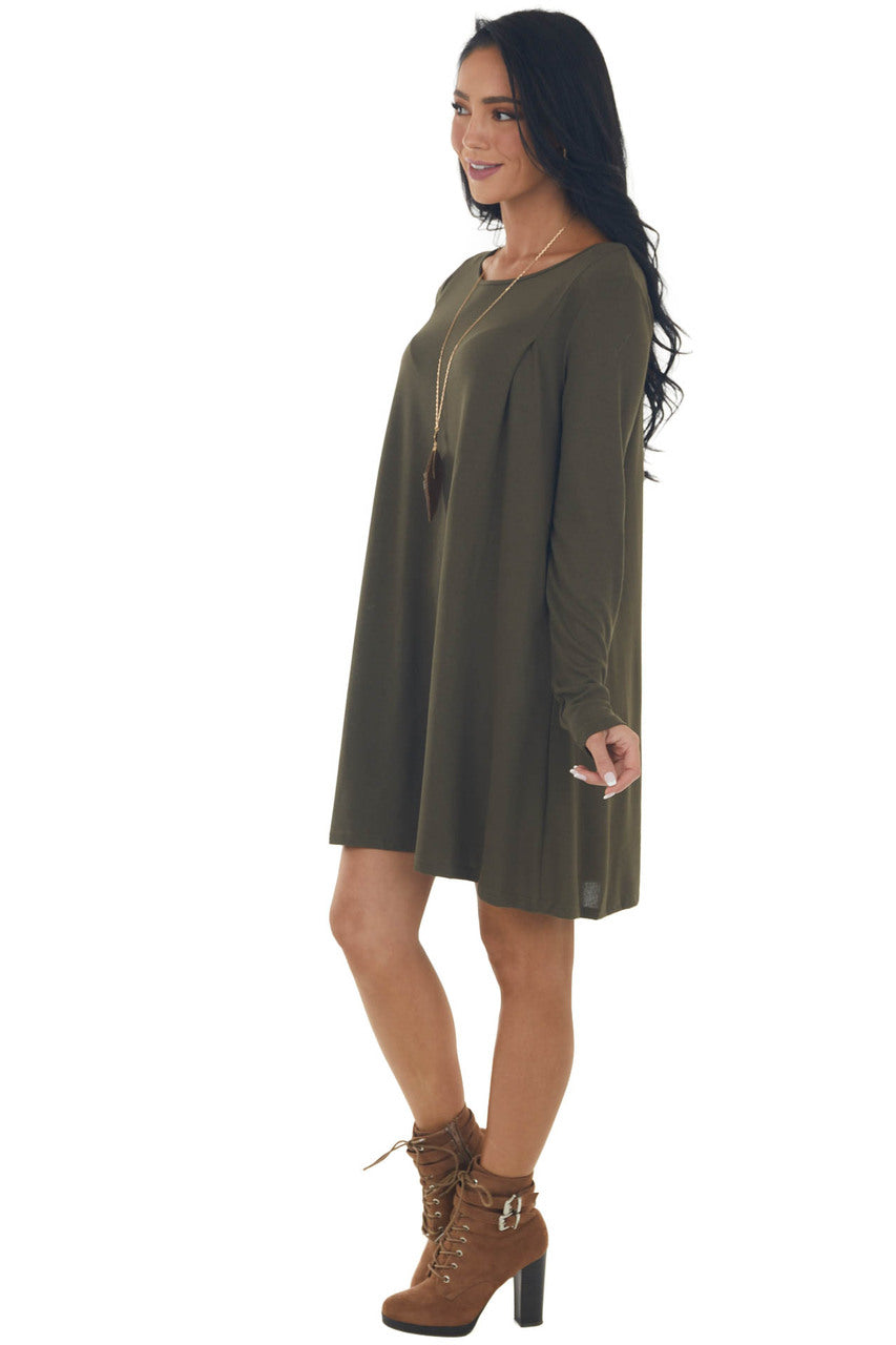Olive Knit Long Sleeve Swing Dress