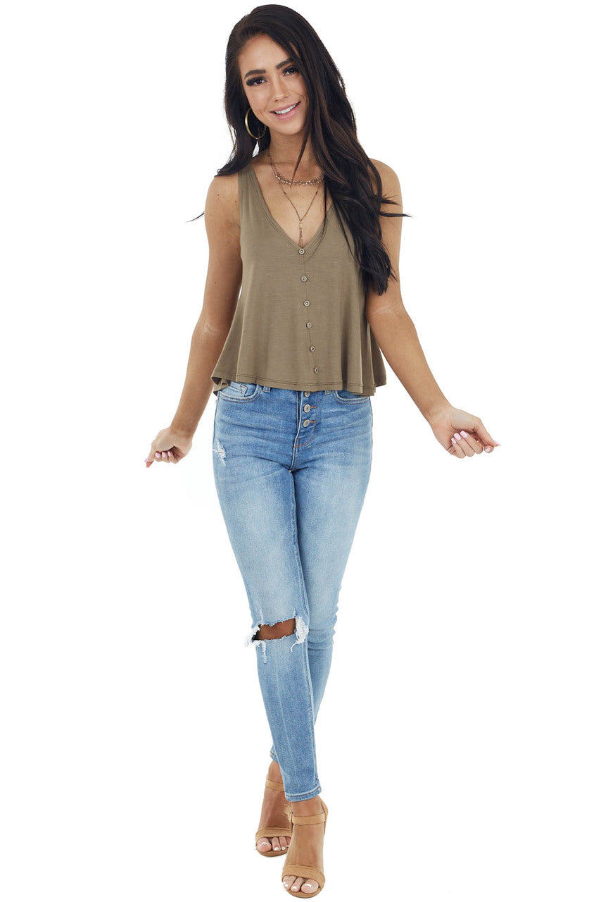 Olive Knit Tank Top with Low Cut Back and Button Details