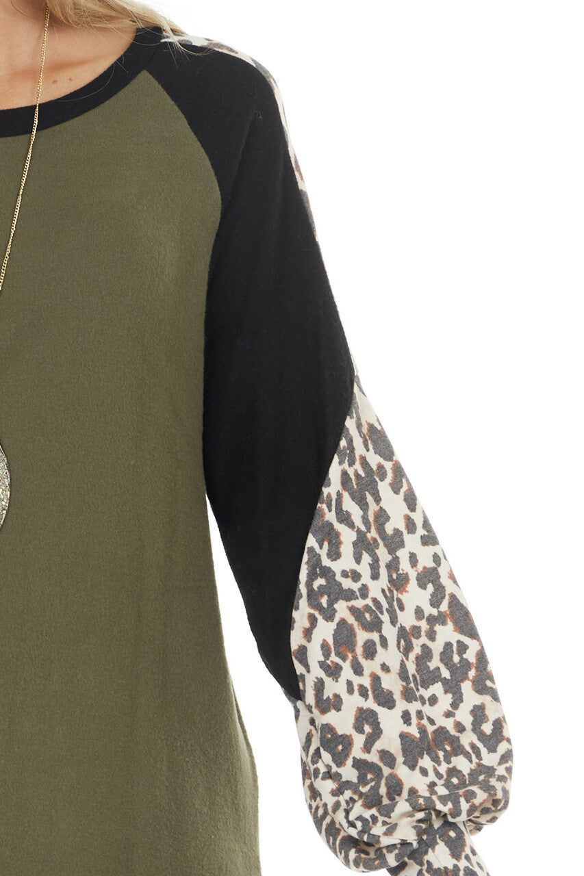 Olive Leopard Print Colorblock Long Sleeve Loose Fit Top