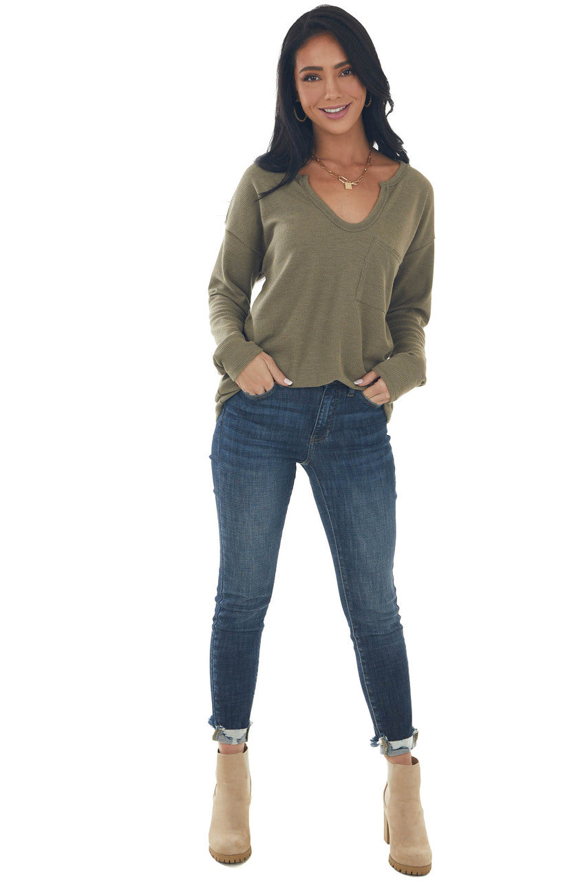 Olive Notch Neck Chest Pocket Thermal Top