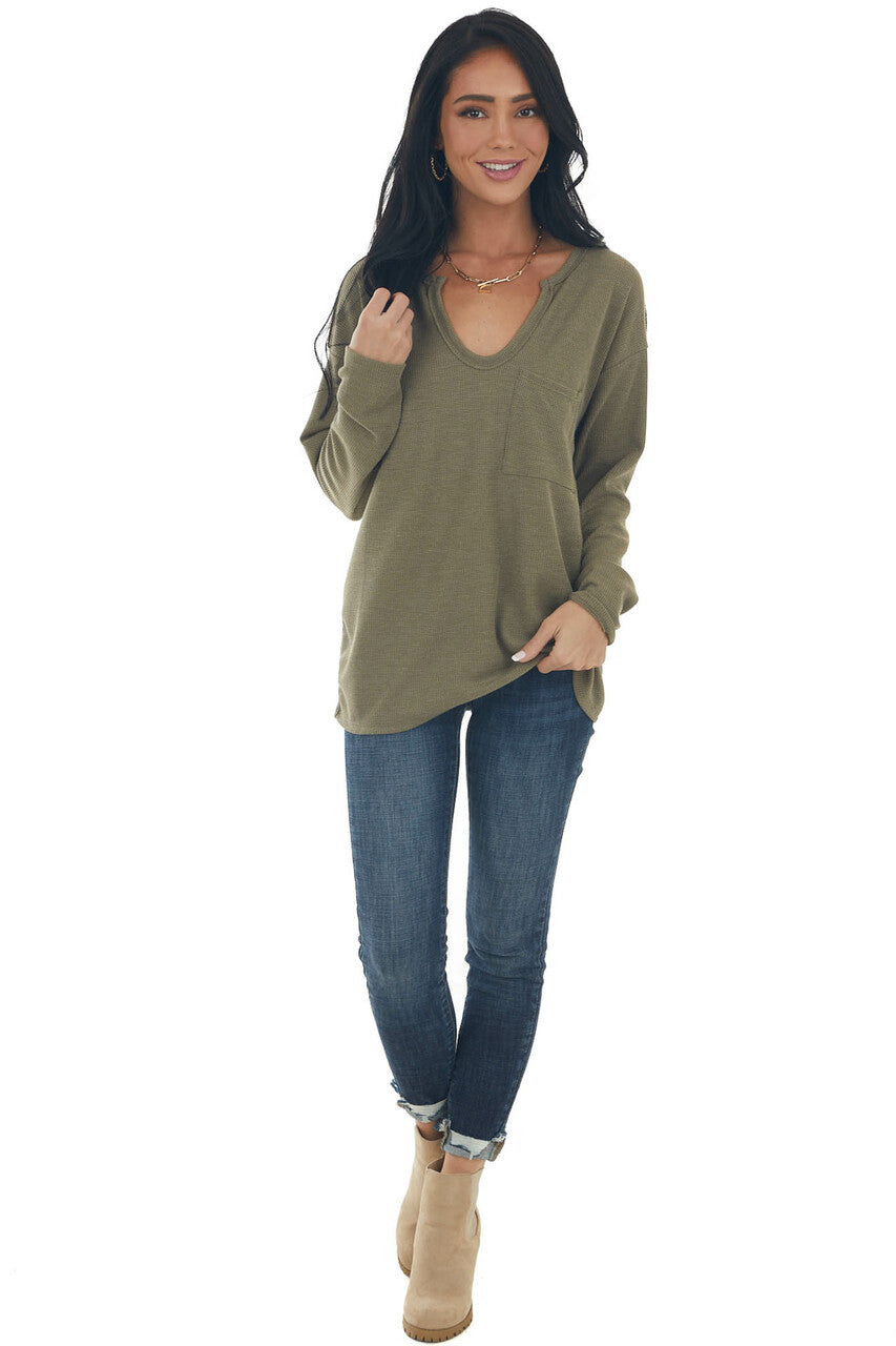 Olive Notch Neck Chest Pocket Thermal Top