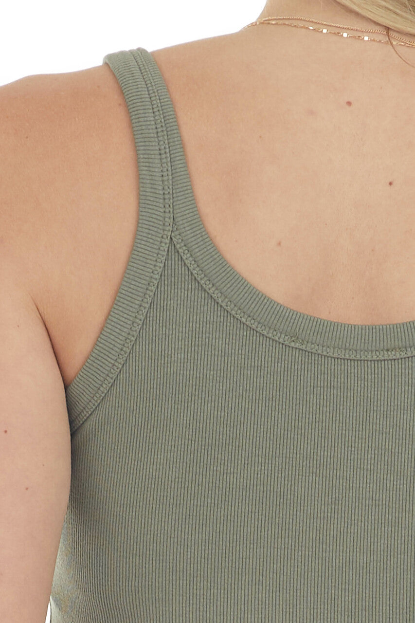 Olive Ribbed Knit Scoop Neck Tank Top