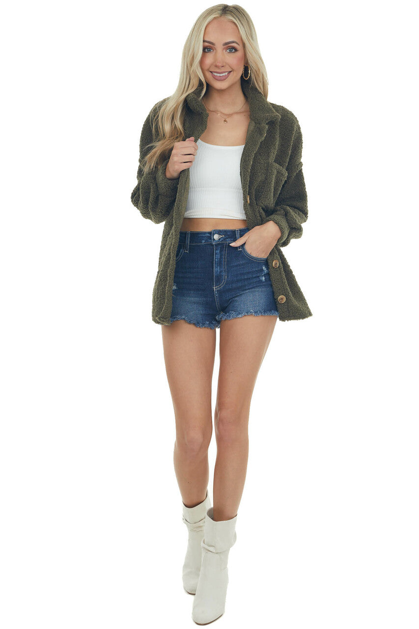 Olive Sherpa Button Up Bubble Sleeve Shacket