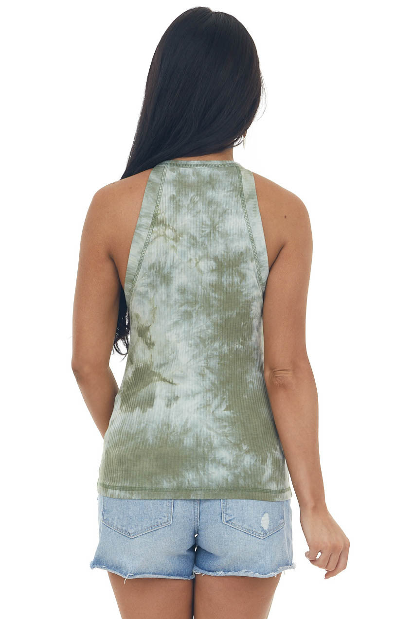 Olive Tie Dye Halter Neck Ribbed Tank Top