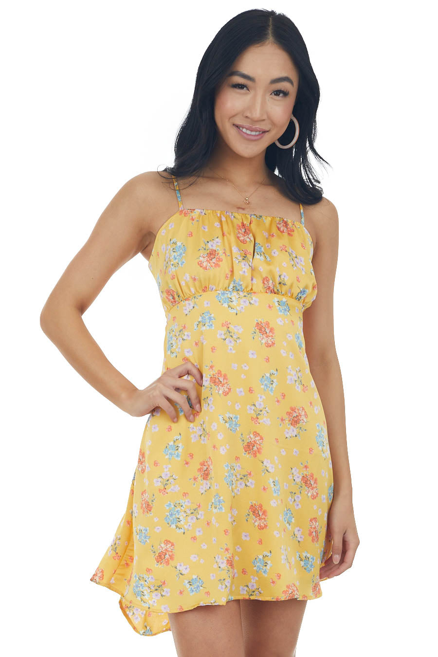 Pale Amber Floral Print Ruched Bust Mini Dress 