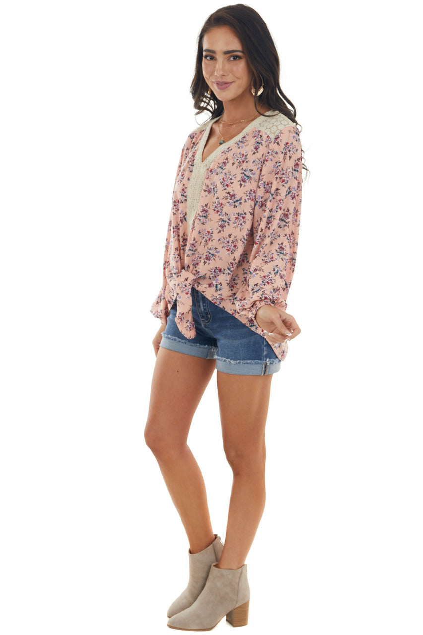 Pale Coral Long Sleeve Floral Front Tie Blouse