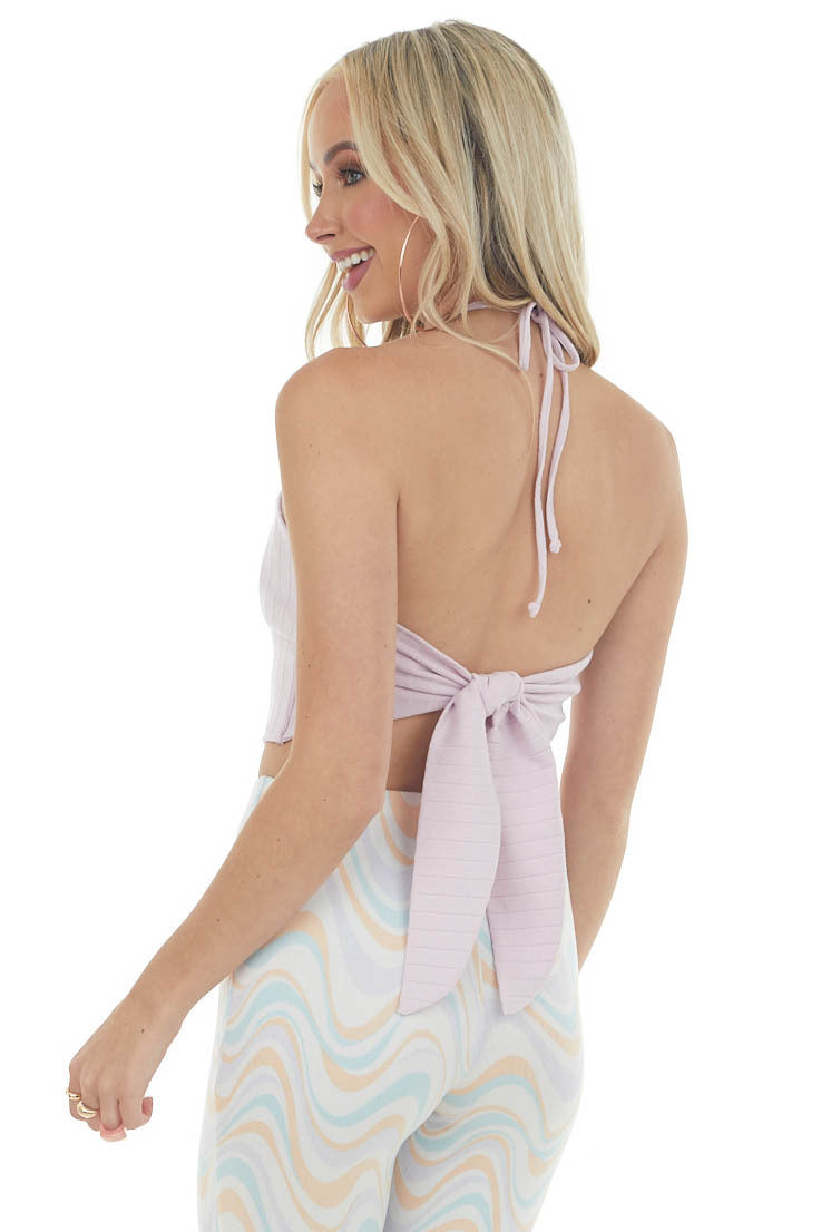 Pale Iris Halter Neck Open Back Knit Crop Top