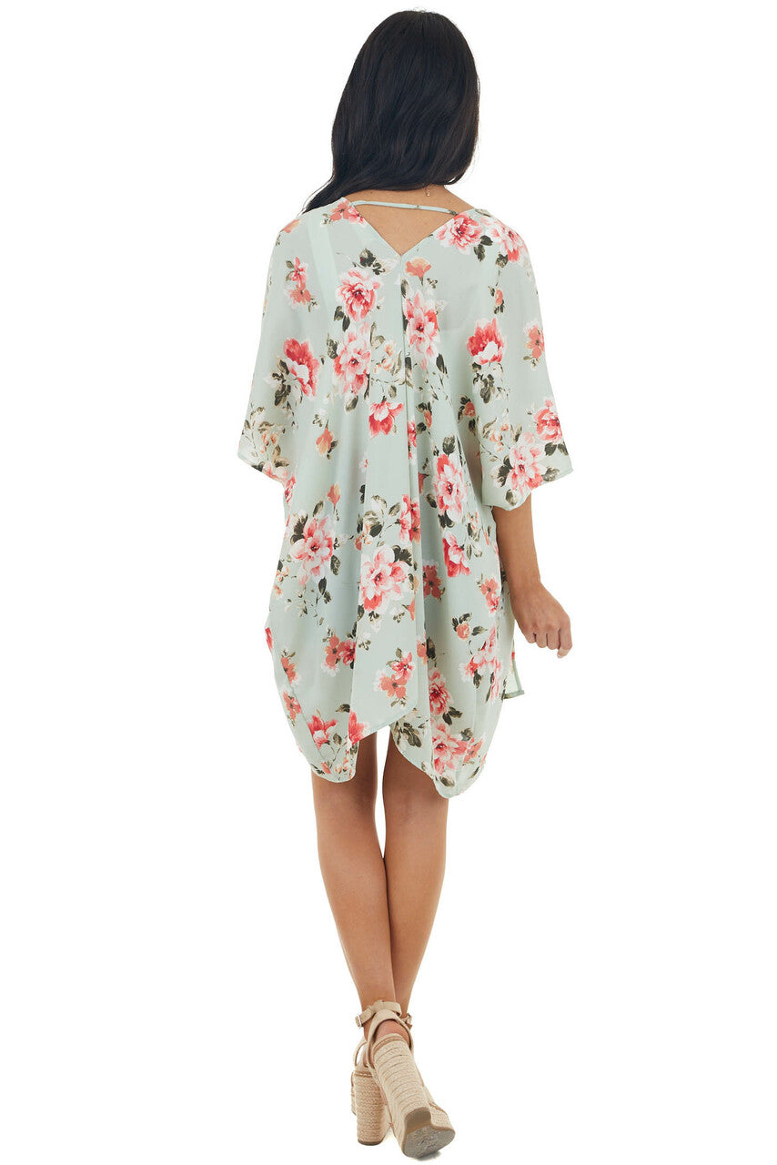 Pale Mint Floral Open Front Kimono with Back Cut Out Detail