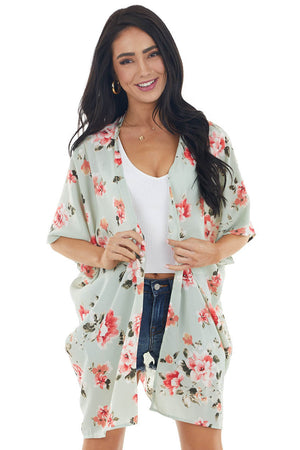 Pale Mint Floral Open Front Kimono with Back Cut Out Detail