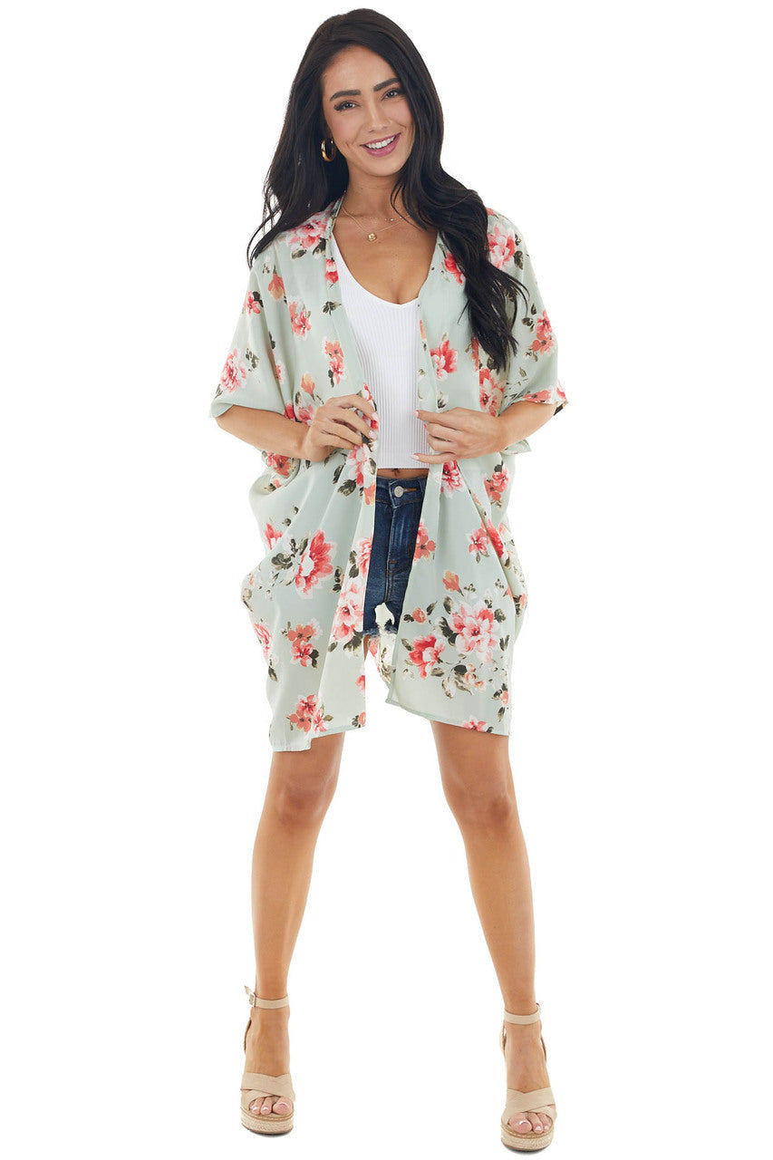 Pale Mint Floral Open Front Kimono with Back Cut Out Detail