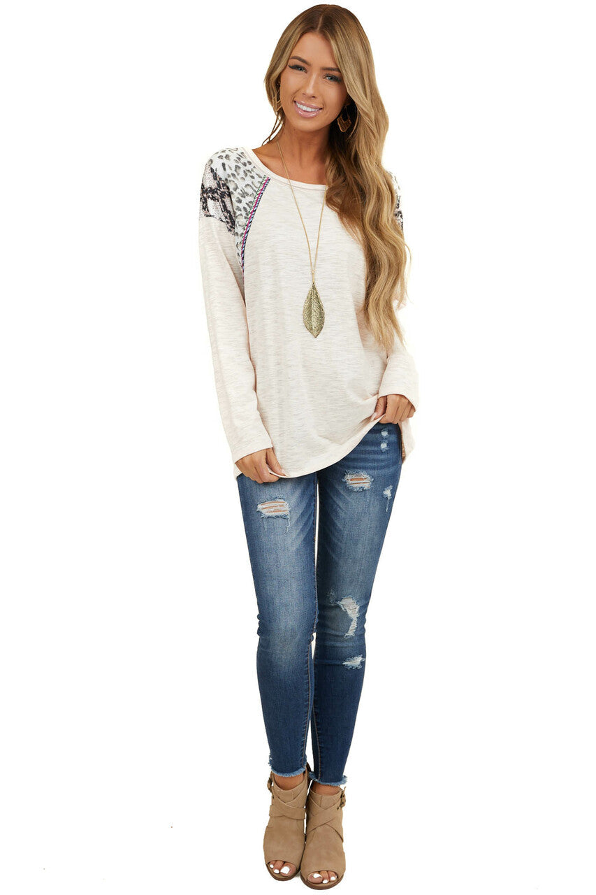 Pale Peach Long Sleeve Top with Leopard and Snakeskin Print 
