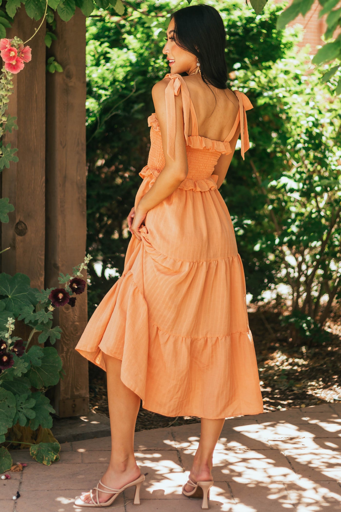 Papaya Smocked Shoulder Tie Tiered Midi Dress