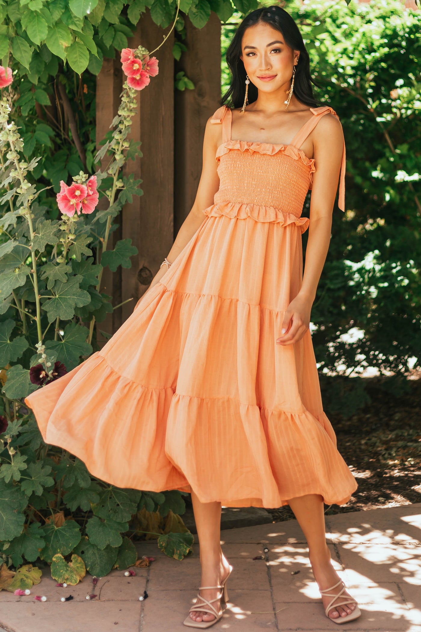 Papaya Smocked Shoulder Tie Tiered Midi Dress