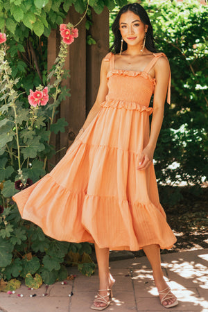 Papaya Smocked Shoulder Tie Tiered Midi Dress