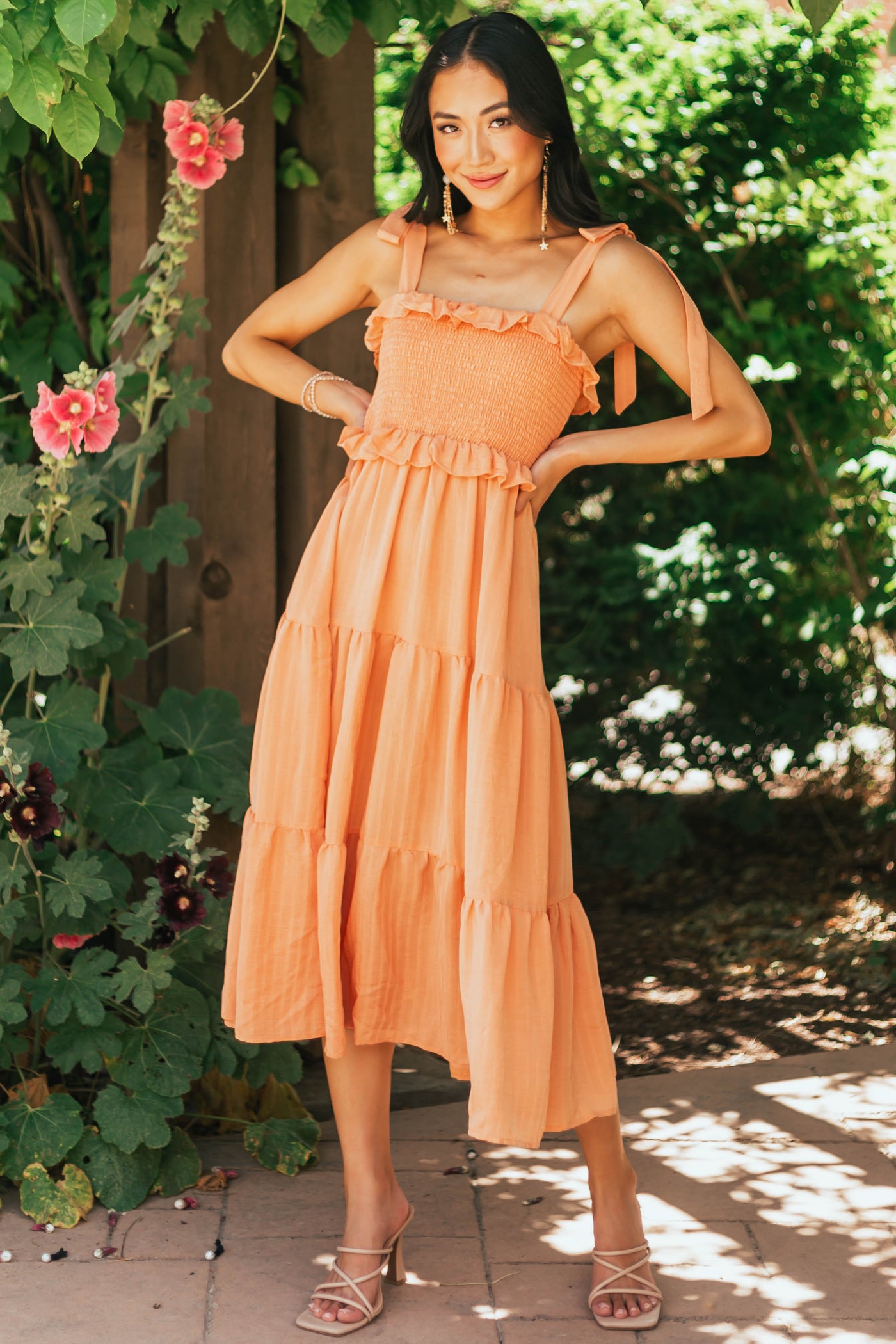 Papaya Smocked Shoulder Tie Tiered Midi Dress