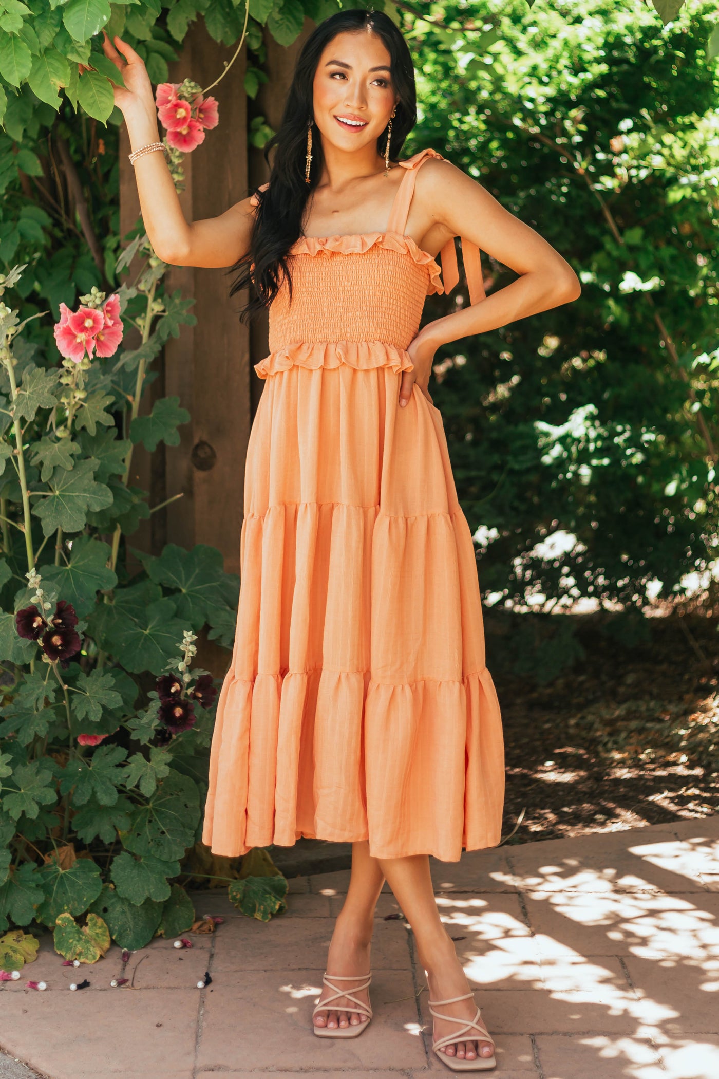 Papaya Smocked Shoulder Tie Tiered Midi Dress