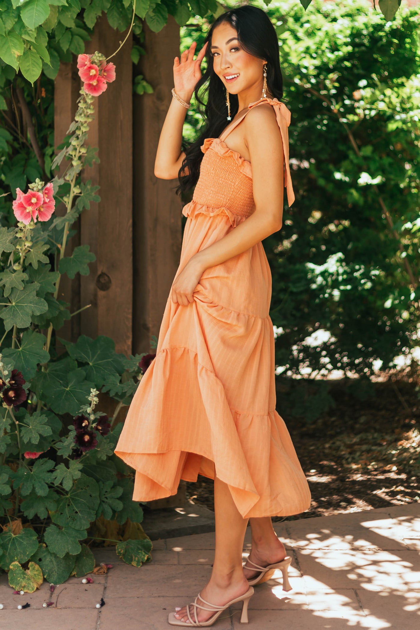 Papaya Smocked Shoulder Tie Tiered Midi Dress