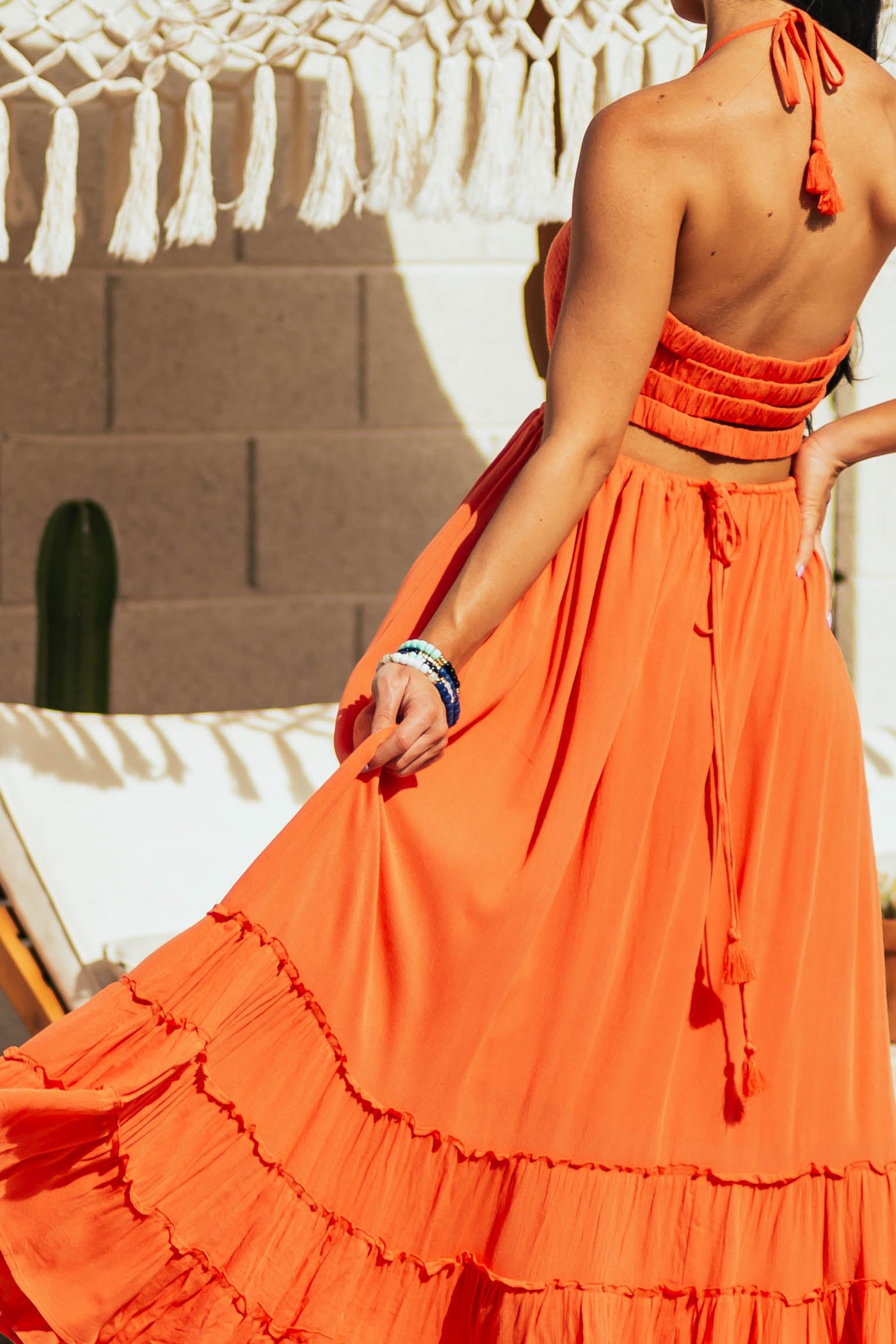 Papaya Smocked Strappy Back Halter Maxi Dress