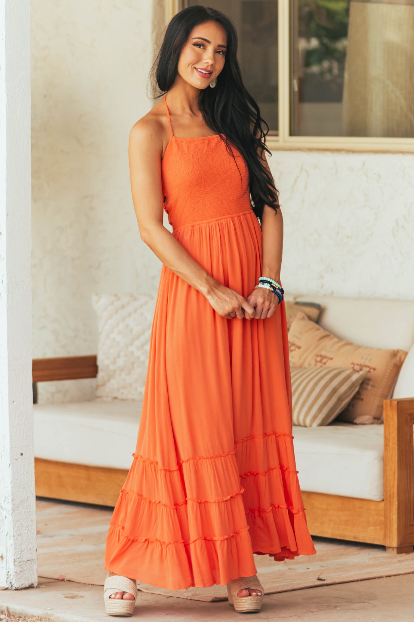 Papaya Smocked Strappy Back Halter Maxi Dress