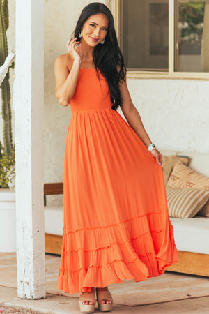 Papaya Smocked Strappy Back Halter Maxi Dress