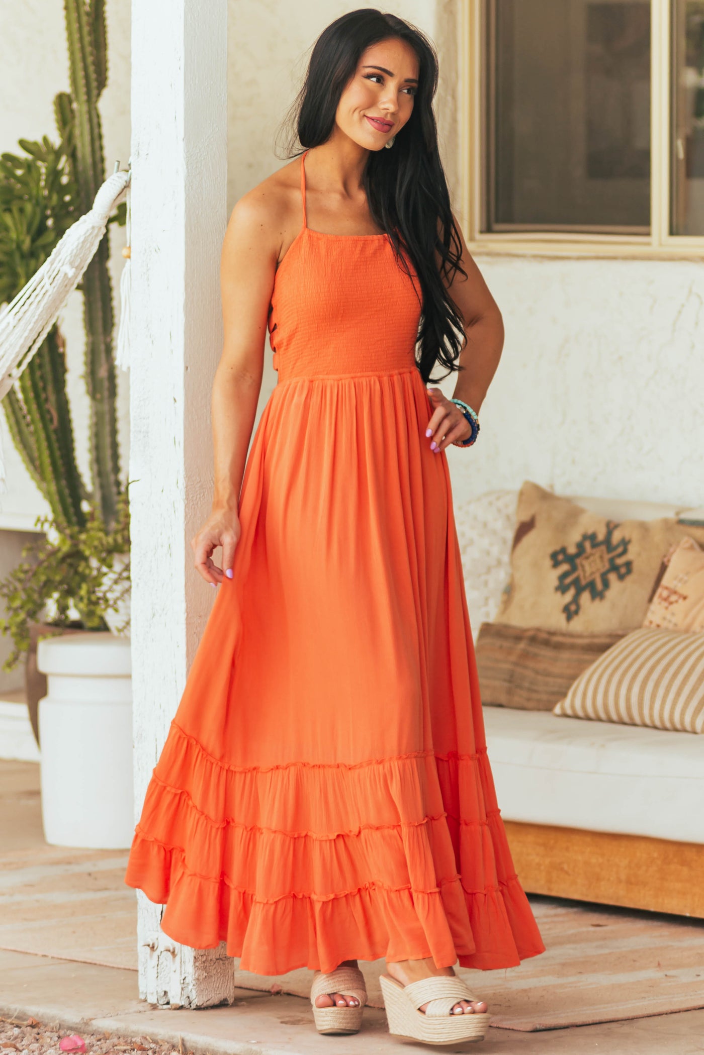 Papaya Smocked Strappy Back Halter Maxi Dress