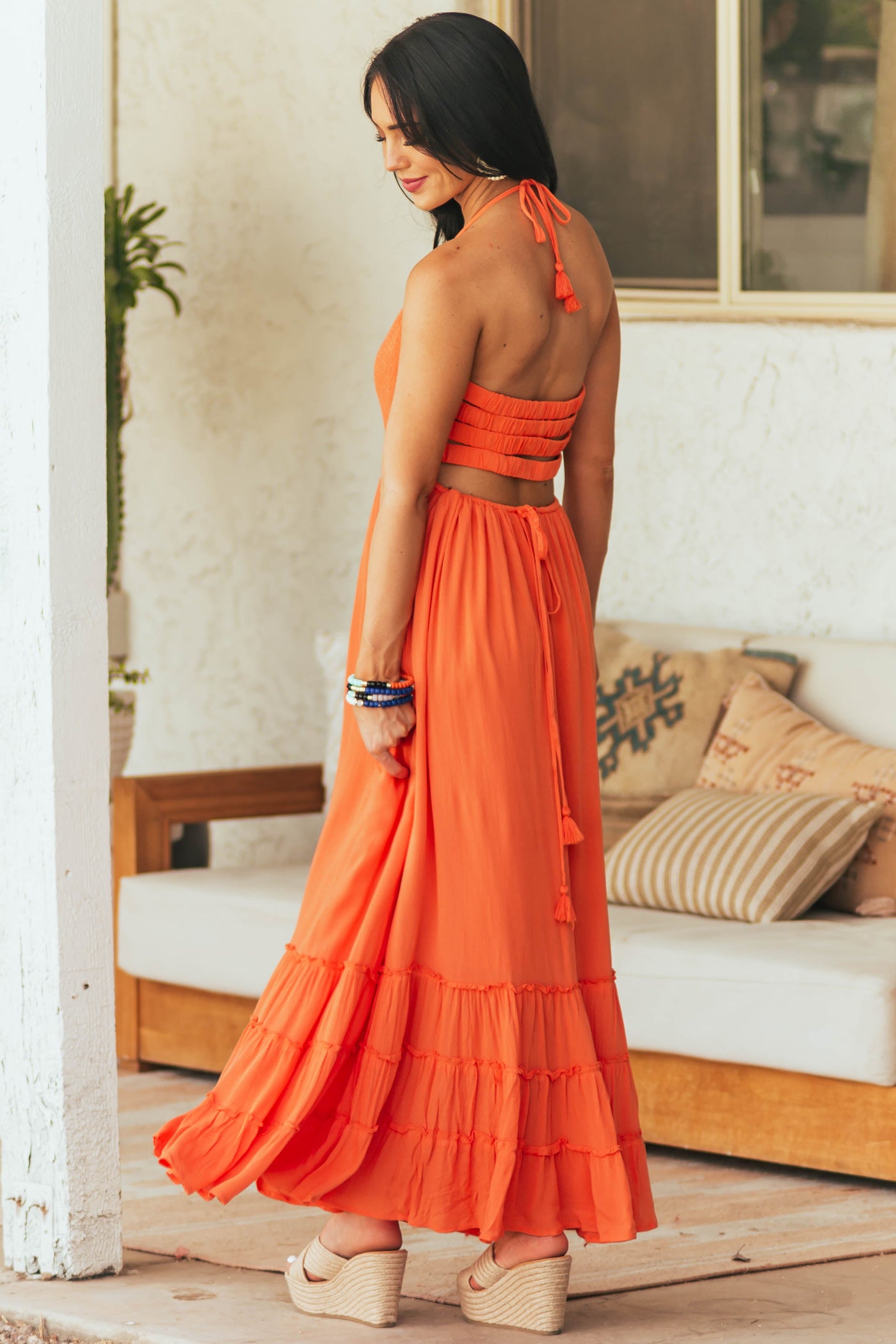 Papaya Smocked Strappy Back Halter Maxi Dress
