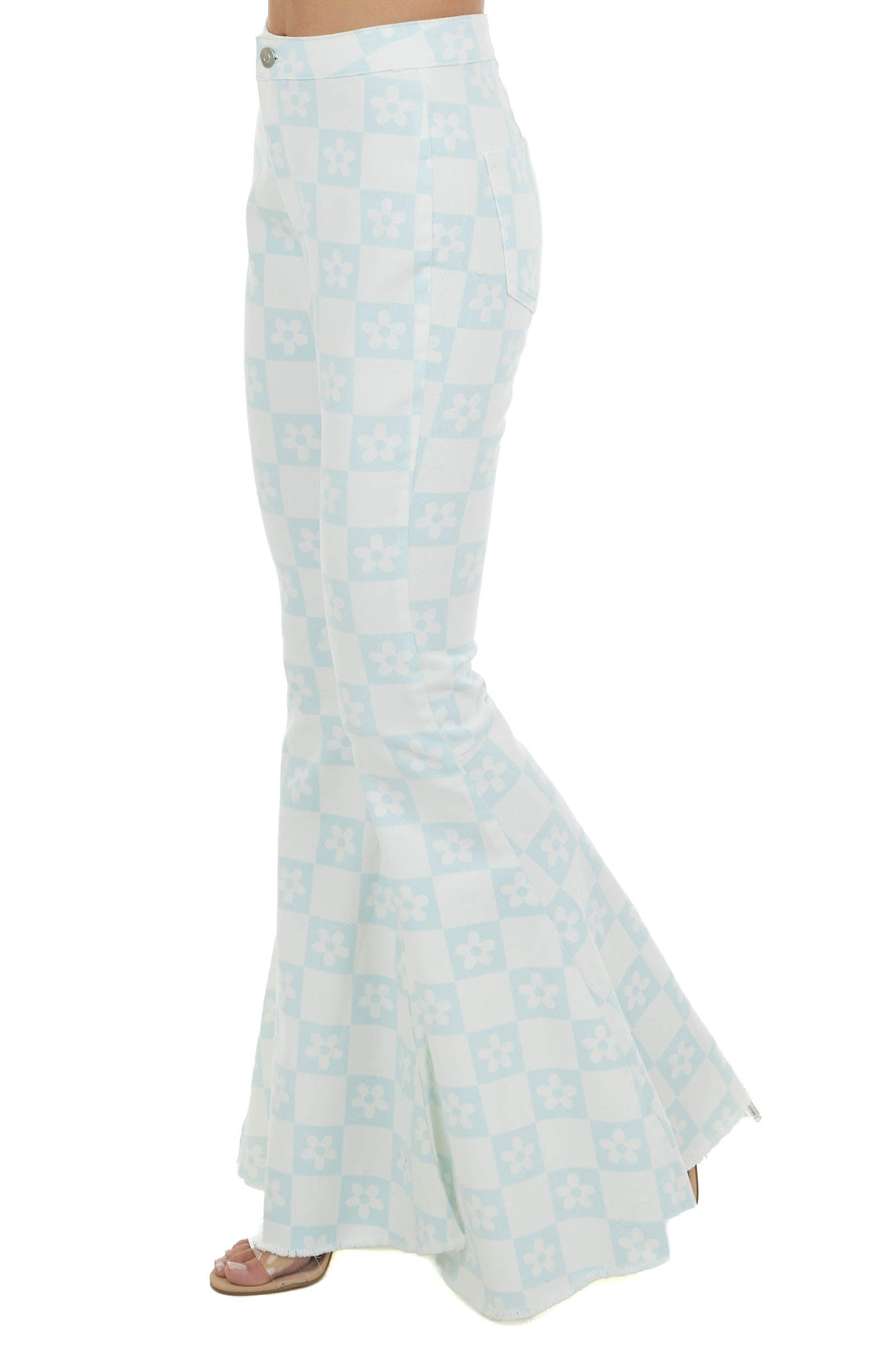 Pastel Blue Checkered Flower Print Flare Jeans 