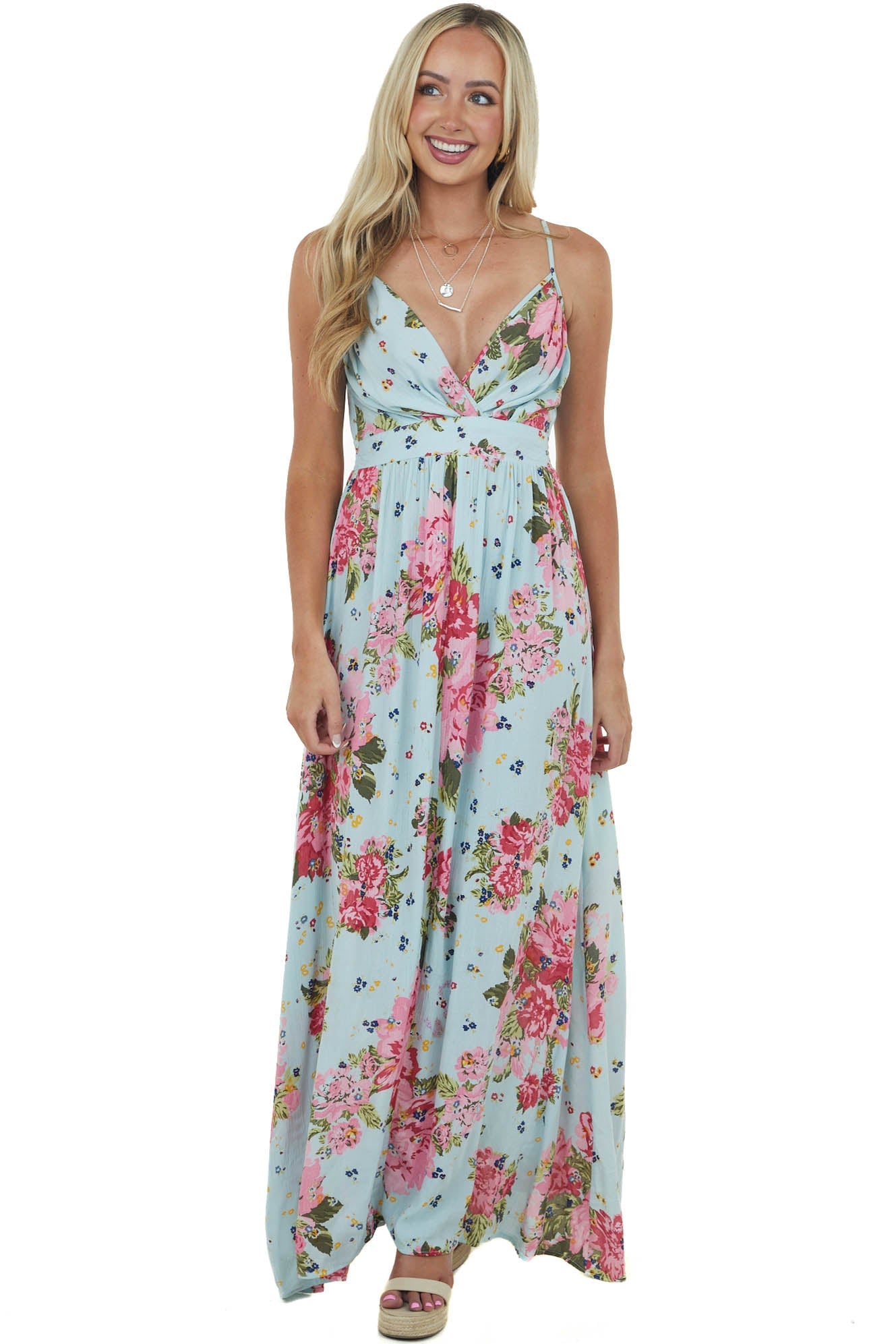 Pastel Blue Floral Print Surplice Maxi Dress