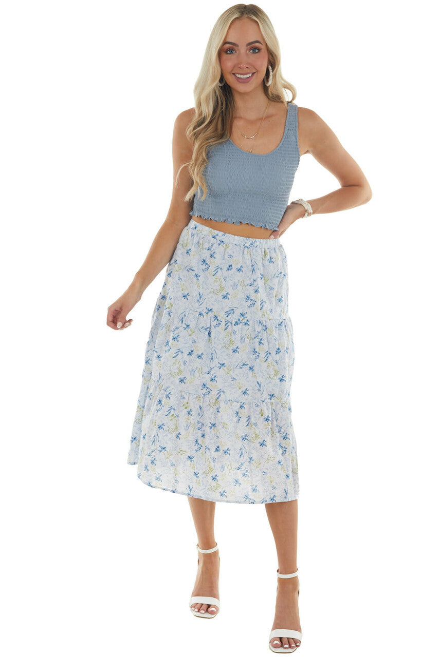 Pastel Blue Floral Tiered Midi Woven Skirt