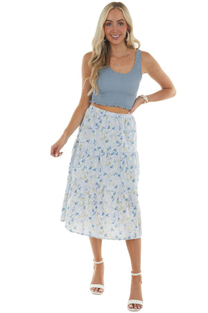 Pastel Blue Floral Tiered Midi Woven Skirt