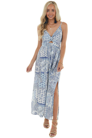 Pastel Blue Paisley Print Maxi Dress 