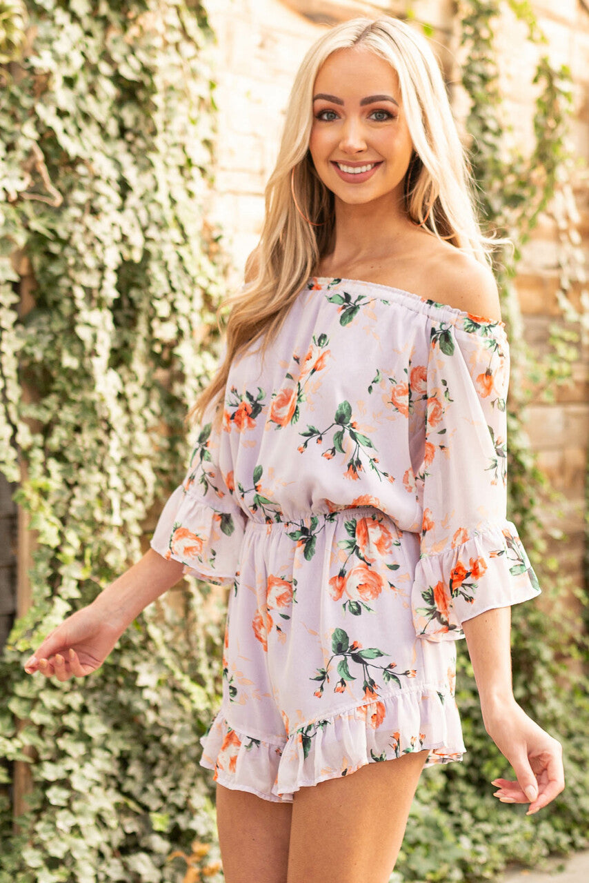 Pastel Iris Floral Off Shoulder Woven Romper