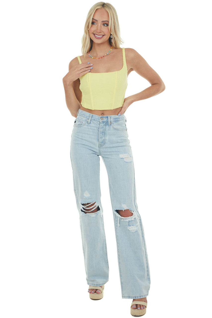 Pastel Lemon Cropped Ribbed Corset Knit Tank