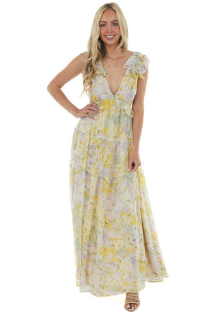 Pastel Yellow Floral Open Back Maxi Dress