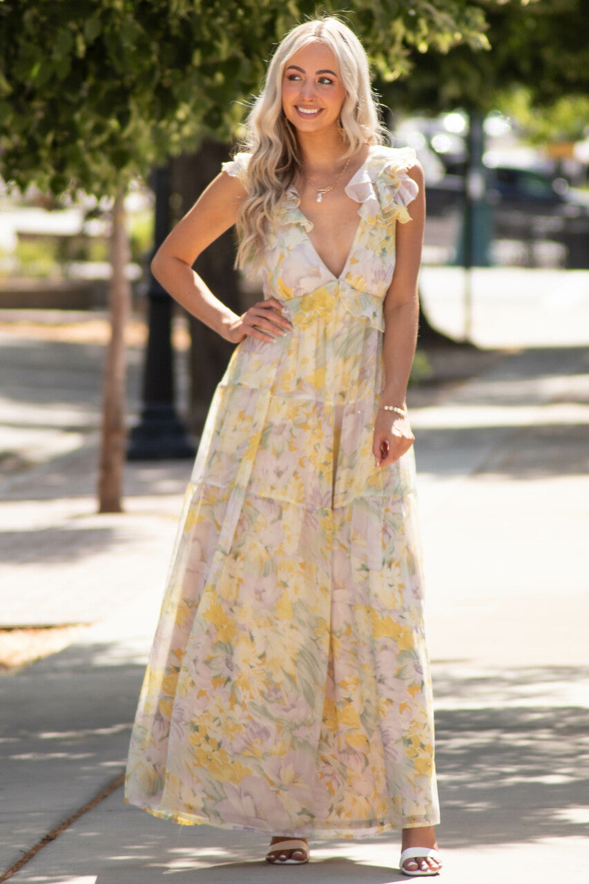 Pastel Yellow Floral Open Back Maxi Dress
