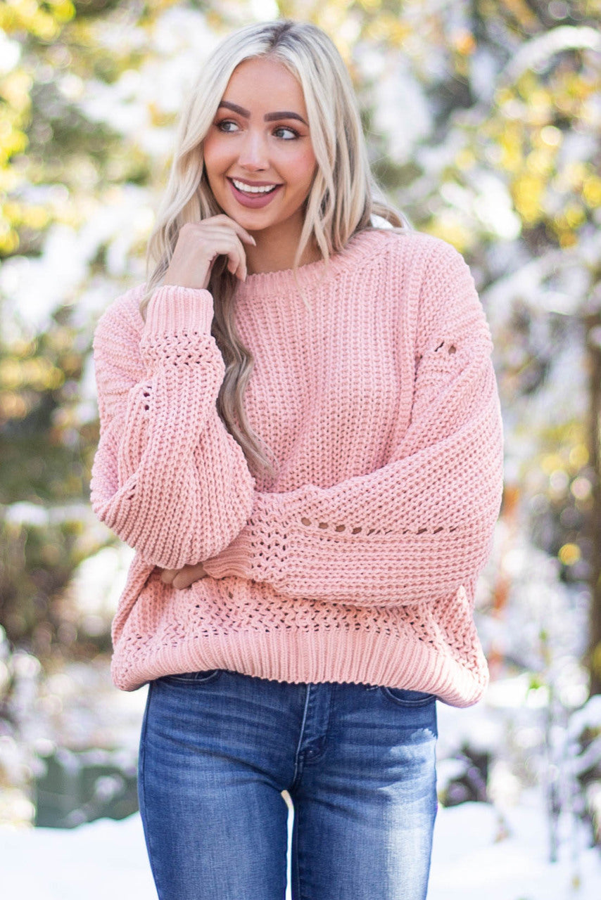 Peach Chenille Bubble Sleeve Cut Out Sweater