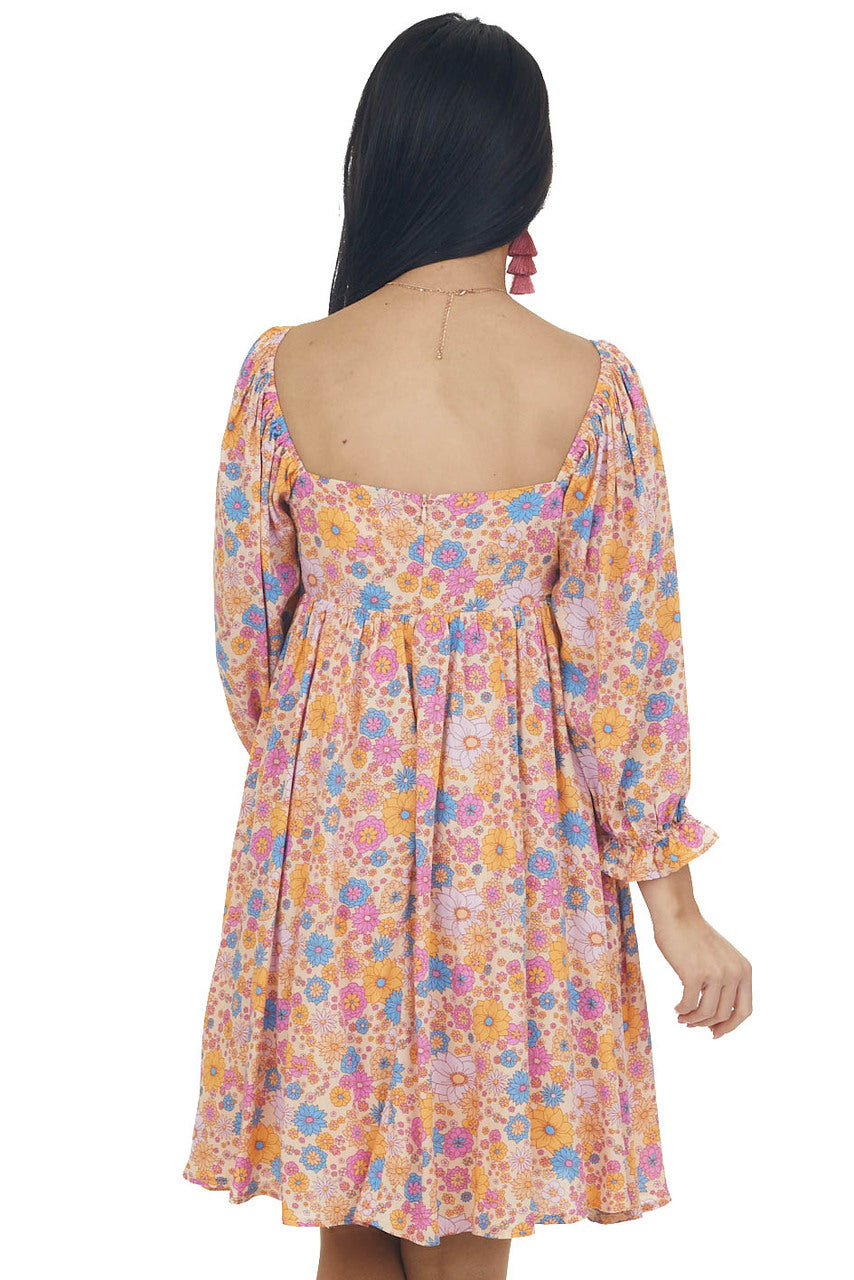 Peach Floral Babydoll 3/4 Sleeve Short Dress