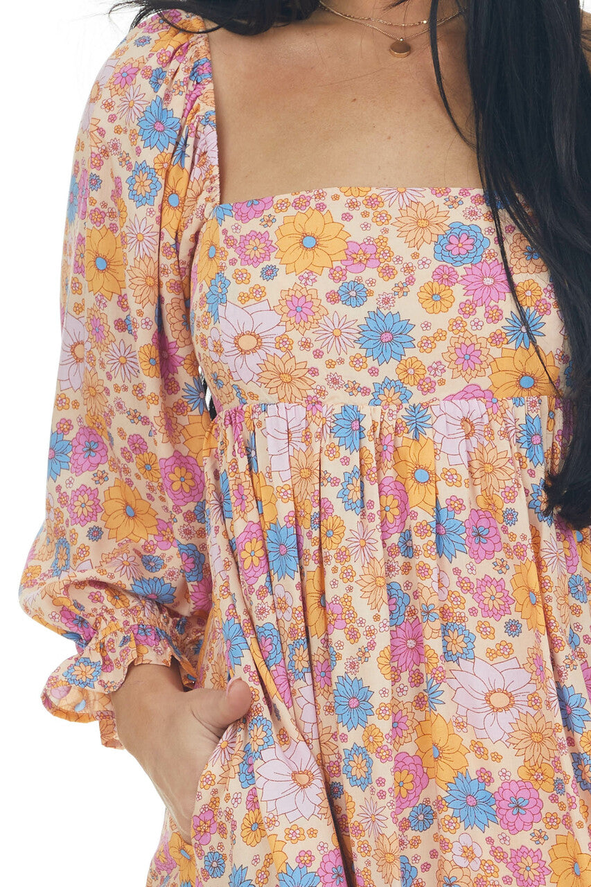 Peach Floral Babydoll 3/4 Sleeve Short Dress